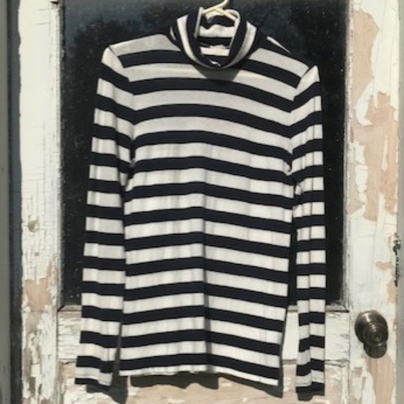 J. Crew Navy Blue & White Striped Tissue Turtleneck Top - Picture 5 of 8